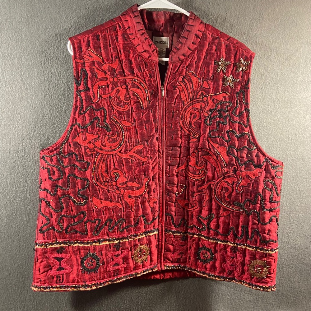 Chico's silk Vest xl 3 Red Embroidered Beaded Quilted boho art to wear johnny